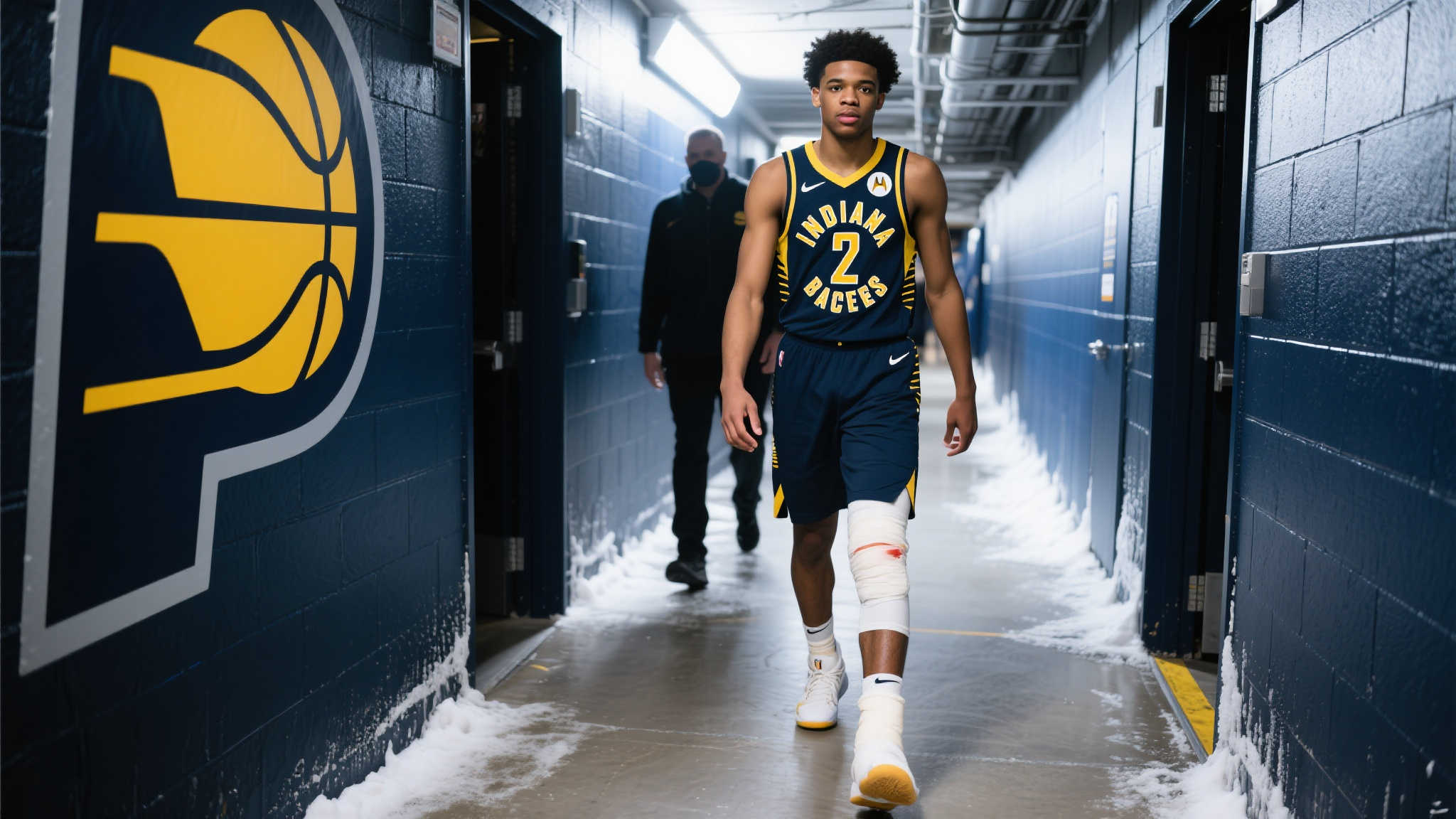 哈利伯顿拄拐守候队友，真情拥抱体现团结精神